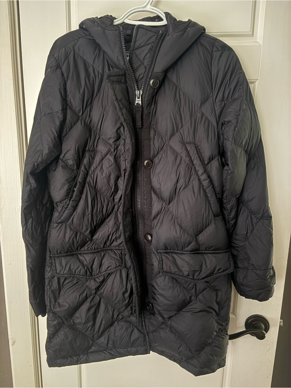 Abercrombie & Fitch Mid Length Black Quilted Hooded Puffer Coat